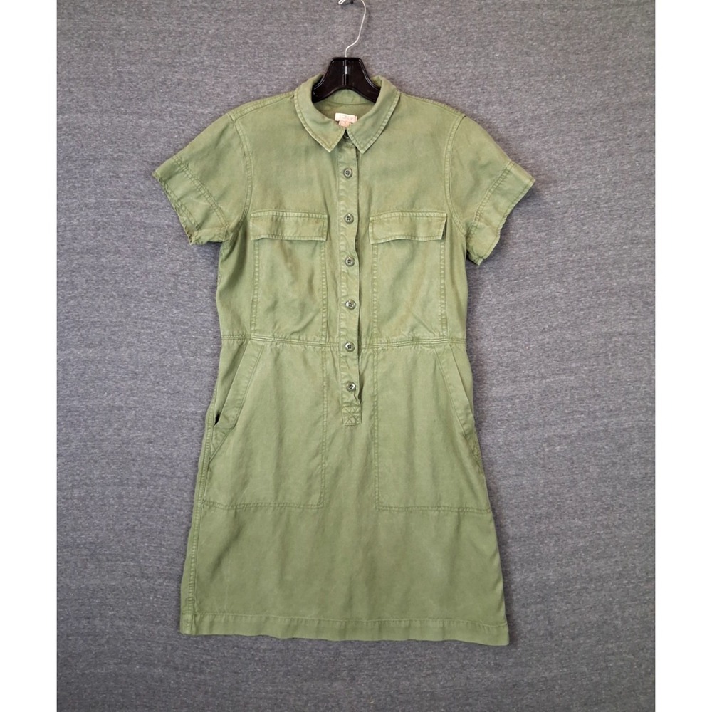 J Crew Womens Dress 8 Army Green‎ Popover Canvas Utility Shirt Lightweight